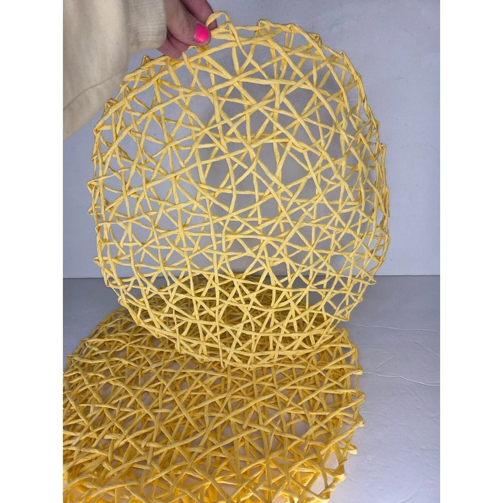 Set of 3 Round Yellow Woven Paper Placemats 12 Inch Circular Boho Summer Beach